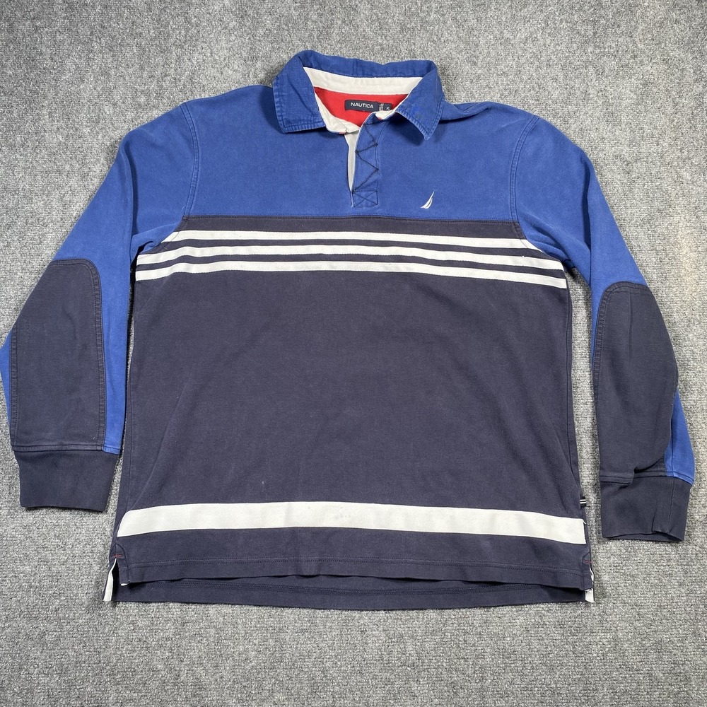 Nautica Mens XL Blue Navy Striped Long Sleeve Rugby Shirt Elbow Patches K23109